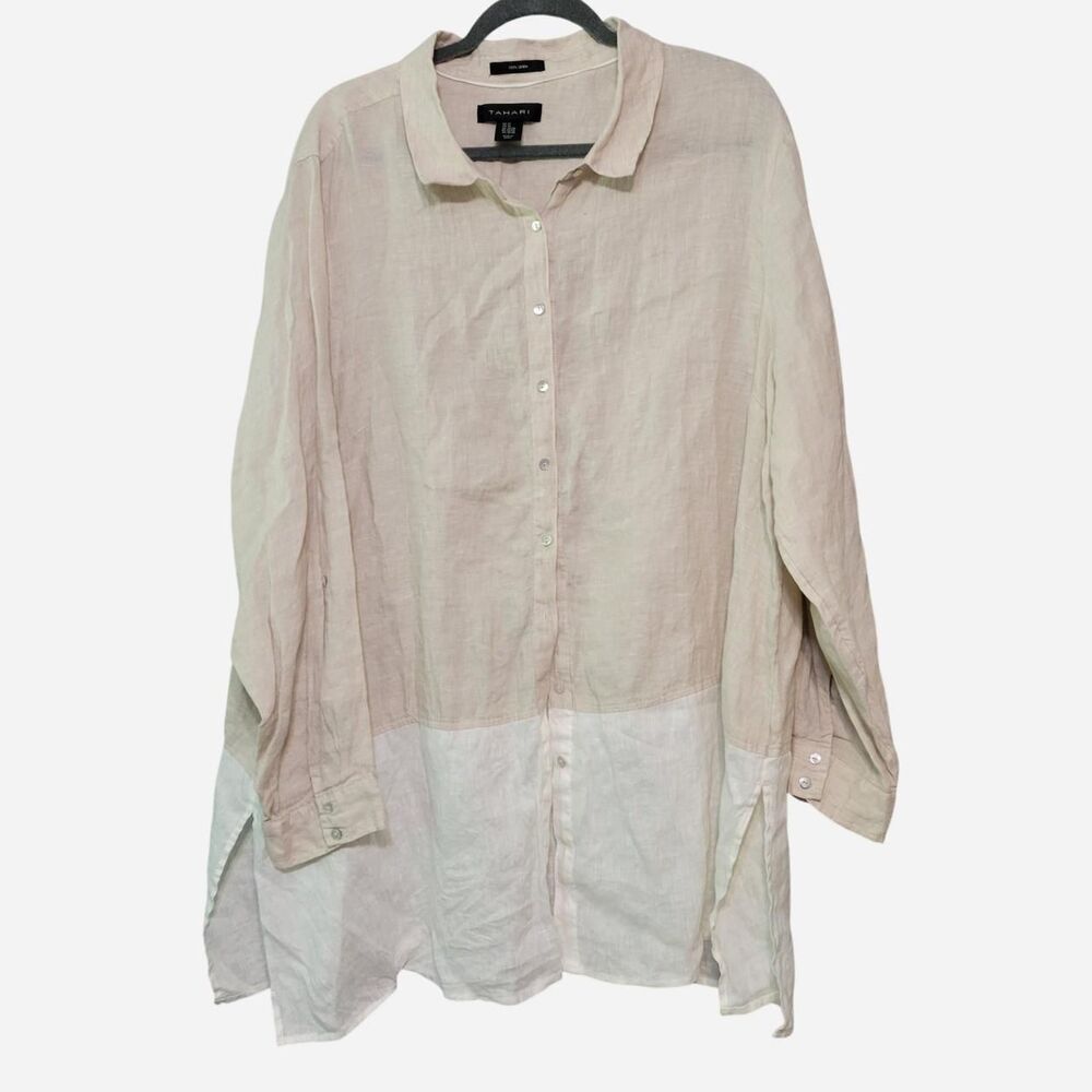 Tahari Womens 3XL Linen White Tan Button Down Shirt Tunic Lagen Coastal PlusSize
